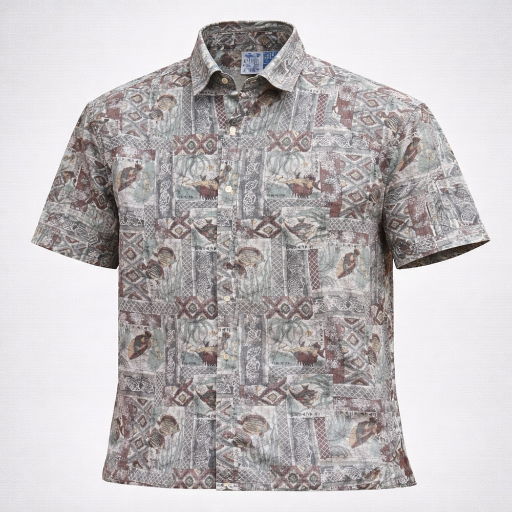 Vintage Hawaiian Shirt Mens Large Brown Tropical Ocean Sea Fish Aloha Button Up